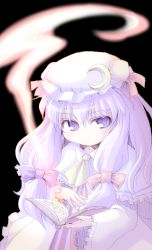 Rule 34 | 1girl, :&lt;, ascot, black background, blue ribbon, blush, book, capelet, crescent, crescent hair ornament, female focus, hair ornament, hat, long hair, long sleeves, magic, meta ooyake, mob cap, patchouli knowledge, purple eyes, purple hair, red ribbon, ribbon, simple background, solo, striped, touhou, vertical stripes