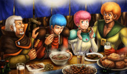 Rule 34 | 1girl, 4boys, afro, alcohol, beard, beer, blue eyes, blue hair, bouleuse gotho, chicken (food), chirico cuvie, chopsticks, clenched hand, coconna, collarbone, earrings, eating, closed eyes, facial hair, food, glass, gloves, green eyes, grin, hand on shoulder, holster, jean paul rochina, jewelry, military, multiple boys, noodles, open mouth, orange hair, pilot suit, pink hair, ramen, satou toshio (suisuisuisui), short hair, shoulder pads, skewer, smile, soukou kihei votoms, steam, suisuisuisui, vanila varta