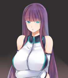 Rule 34 | 1girl, bad id, bad pixiv id, bare shoulders, blunt bangs, breast hold, breasts, colored eyelashes, crossed arms, detached sleeves, eyebrows, green eyes, large breasts, long hair, looking at viewer, mole, mole under eye, parted lips, purple hair, shuumatsu no harem, sidelocks, solo, suou mira, upper body, yostxxx