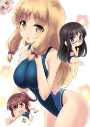 Rule 34 | 10s, 4girls, blonde hair, breasts squeezed together, breasts, brown hair, chibi, competition swimsuit, endou rino, glasses, ishizu kayu, jinsei, kujou fumi, large breasts, long hair, mole, mole under eye, multiple girls, murakami emi, one-piece swimsuit, small breasts, suzuki ikumi (jinsei), swimsuit