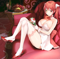 Rule 34 | 1girl, absurdres, alcohol, alternate costume, blush, bouquet, breasts, carpet, champagne, champagne bottle, cleavage, closed mouth, couch, cup, dress, drinking glass, flower, food, from side, fruit, garter straps, gloves, hair ribbon, heterochromia, high heels, highres, holding, holding bouquet, hololive, houshou marine, huge filesize, lace, lace-trimmed legwear, lace trim, large breasts, legs, lillly, long hair, looking at viewer, on couch, plate, red eyes, red footwear, red hair, red neckwear, ribbon, short dress, sitting, smile, solo, strapless, strapless dress, thighhighs, twintails, virtual youtuber, white dress, white garter straps, white gloves, white ribbon, white thighhighs, wine glass, yellow eyes