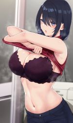 Rule 34 | 1girl, :o, armpits, arms up, black hair, blue eyes, bra, breasts, cleavage, clothes lift, commentary request, cowboy shot, denim, hair between eyes, highres, jeans, large breasts, lifted by self, motion lines, navel, open mouth, original, pants, purple bra, red sweater, saemon (tonpura), short hair, sleeveless, sleeveless sweater, solo, steaming body, stomach, sweat, sweater, sweater lift, underwear, undressing