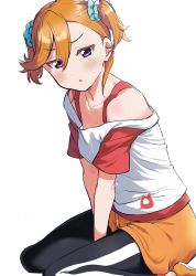 Rule 34 | 1girl, blush, collarbone, commentary, highres, looking at viewer, love live!, love live! superstar!!, orange hair, pants under shorts, purple eyes, shibuya kanon, short twintails, solo, totoki86, twintails, white background