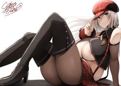 Rule 34 | 1girl, absurdres, alisa ilinichina amiella, bare shoulders, black footwear, black pantyhose, blue eyes, boots, breasts, closed mouth, cobra no oyatsu, commentary, commentary request, god eater, grey hair, hair between eyes, hat, high heels, highres, knees up, large breasts, long hair, looking at viewer, nipple slip, nipples, pantyhose, red hat, red skirt, signature, sitting, skirt, thigh boots, thighhighs, white background
