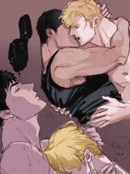 Rule 34 | 2boys, adam&#039;s apple, ao isami, bara, black hair, black tank top, blonde hair, collage, couple, cropped torso, dark-skinned male, dark skin, facial hair, french kiss, from side, hand on another&#039;s head, highres, interracial, kiss, lewis smith, male focus, multiple boys, muscular, muscular male, pivoine0905, profile, sideburns stubble, stubble, sweat, tank top, thick eyebrows, translation request, yaoi, yuuki bakuhatsu bang bravern