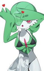 Rule 34 | 1girl, arms up, bare shoulders, bikini, black bikini, bob cut, breasts, clothed pokemon, collarbone, colored skin, cowboy shot, creatures (company), female focus, frilled bikini, frills, game freak, gardevoir, gen 3 pokemon, green hair, green skin, hair over one eye, heart, large breasts, looking at viewer, maid bikini, micro bikini, multicolored skin, nintendo, one eye covered, open mouth, pokemon, pokemon (creature), red eyes, short hair, simple background, skindentation, solo, standing, string bikini, sweat, swimsuit, two-tone skin, unconventional maid, white background, white skin, younideyifengxin
