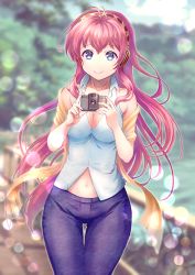 Rule 34 | 1girl, black hairband, blue eyes, blue pants, blurry, blurry background, breasts, bridge, camera, cleavage, collarbone, collared shirt, cowboy shot, day, dress shirt, floating hair, hairband, headphones, holding, holding camera, lens flare, long hair, looking at viewer, medium breasts, megurine luka, midriff, navel, open clothes, open shirt, outdoors, pants, pink hair, sash, shirt, sleeveless, sleeveless shirt, smile, solo, standing, stomach, thigh gap, very long hair, vesper (pixiv3568), vocaloid, white shirt, wing collar
