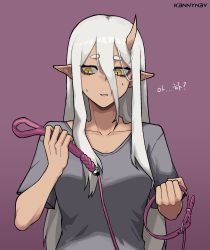 Rule 34 | 1girl, collar, collarbone, commentary, dark-skinned female, dark skin, english commentary, grey shirt, highres, holding, holding collar, holding leash, horns, k3nnyn3v, korean text, leash, long bangs, long sleeves, open mouth, original, parted lips, pointy ears, purple background, shirt, short sleeves, sidelocks, simple background, single horn, slit pupils, solo, sweat, white hair, yellow eyes