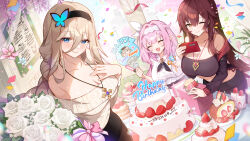 Rule 34 | 3girls, aponia (honkai impact), apple caramel, bare shoulders, birthday cake, blonde hair, blue eyes, braid, breasts, bug, butterfly, cake, cleavage, closed eyes, closed mouth, commentary, eden (honkai impact), elysia (honkai impact), elysia (miss pink elf) (honkai impact), english commentary, flower, food, hair between eyes, happy birthday, highres, honkai (series), honkai impact 3rd, insect, jewelry, large breasts, long hair, looking at viewer, multiple girls, necklace, official art, one eye closed, open mouth, pink hair, pointy ears, ponytail, red hair, rose, second-party source, single braid, white flower, white rose
