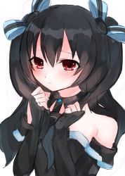 Rule 34 | absurdres, bare shoulders, black hair, collar, dress, embarrassed, flustered, gloves, hair ornament, hairclip, highres, long hair, neptune (series), rairai vortext, red eyes, shy, tsundere, twintails, two side up, uni (neptunia)