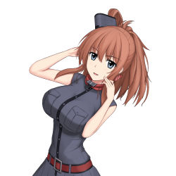 Rule 34 | 1girl, anchor, bad id, bad pixiv id, belt, blue eyes, blue skirt, blush, breast pocket, breasts, brown hair, ghound, highres, kantai collection, large breasts, looking at viewer, medium hair, parted lips, pocket, ponytail, saratoga (kancolle), simple background, skirt, smile, solo, upper body, white background