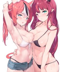 Rule 34 | 2girls, alternate costume, animal ears, arm around waist, arm at side, arm up, armpits, asymmetrical docking, bikini, bikini under clothes, black bikini, blue eyes, blush, breast press, breasts, cleavage, closed mouth, cutoffs, denim, denim shorts, hair between eyes, hakos baelz, heterochromia, highres, hololive, hololive english, horns, irys (hololive), large breasts, long hair, looking at viewer, lowleg, lowleg bikini, medium breasts, messy hair, mouse ears, mouse girl, mouse tail, multicolored hair, multiple girls, namiorii, navel, open mouth, pointy ears, ponytail, purple hair, red hair, short shorts, shorts, sidelocks, simple background, stomach, streaked hair, sweat, swimsuit, tail, twitter username, two-tone hair, virtual youtuber, wet, white background, white bikini