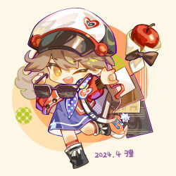 Rule 34 | 1girl, ;d, apple, apple (reverse:1999), artist name, backpack, bag, black bow, black bowtie, black footwear, blue dress, blue neckerchief, boots, bow, bowtie, brown bag, brown hair, cabbie hat, chibi, circlet, dated, dress, food, fruit, full body, hat, highres, holding, holding removed eyewear, jacket, leg up, looking at viewer, neckerchief, one eye closed, open bag, open mouth, orange eyes, polka dot neckerchief, record jacket, red jacket, red socks, regulus (reverse:1999), reverse:1999, short hair, signature, smile, socks, solo, standing, standing on one leg, sunglasses, teeth, traditional bowtie, unworn eyewear, upper teeth only, white background, yuli yuri