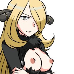 Rule 34 | 1girl, blonde hair, blush, breasts, breasts out, creatures (company), cynthia (pokemon), frown, game freak, gomatarou (pixiv196136), grey eyes, jaggy lines, looking at viewer, lowres, nintendo, nipples, oekaki, pokemon, pokemon dppt, simple background, solo, split mouth, white background