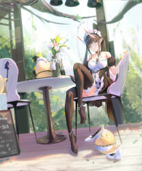 Rule 34 | 1girl, anklet, azur lane, black thighhighs, chair, feet, highres, horns, jewelry, long hair, looking at viewer, maid, maid headdress, noshiro (azur lane), sansan (dongfangzhong111), see-through, see-through legwear, shoes, sitting, smile, table, thighhighs, toes, twintails, unworn shoes