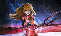 Rule 34 | 1girl, at field, bident, blonde hair, bodysuit, bracer, breasts, closed mouth, crossing, floating hair, foreshortening, gloves, hair between eyes, headgear, highres, holding, holding weapon, lance of longinus (evangelion), lcl, light smile, lips, long hair, looking at viewer, nebula, neon genesis evangelion, night, night sky, orange hair, outdoors, outstretched arm, pilot suit, plugsuit, polearm, realistic, red lips, ruins, sky, small breasts, smile, smirk, solo, souryuu asuka langley, star (sky), starry sky, the end of evangelion, turtleneck, upper body, weapon
