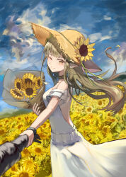 Rule 34 | 1girl, 1other, arknights, backless dress, backless outfit, bare shoulders, bouquet, choker, doctor (arknights), dress, elf, floating hair, flower, flying burrito cat, green hair, hat, hat flower, highres, holding, holding bouquet, holding hands, infection monitor (arknights), long hair, mole, mole under eye, muelsyse (arknights), one eye closed, pointy ears, straw hat, sundress, sunflower, white dress, yellow eyes