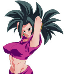 Rule 34 | 1girl, arms up, black hair, breasts, closed mouth, crop top, dragon ball, dragon ball super, earrings, highres, impossible clothes, jewelry, kefla (dragon ball), large breasts, light smile, pants, ponytail, potara earrings, rom (20), simple background, solo, spiked hair, upper body, white background