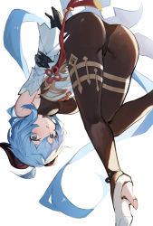 Rule 34 | 1girl, amagasa yun, ass, bell, black pantyhose, blue eyes, blue hair, blush, bodysuit, breasts, brown legwear, cowbell, detached sleeves, dress, ganyu (genshin impact), genshin impact, goat horns, high heels, highres, horns, large breasts, long hair, looking at viewer, neck bell, open mouth, pantyhose, solo, thighs, white background, white dress