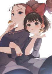 Rule 34 | 2girls, black dress, black hair, blue eyes, blush, bow, brown eyes, brown hair, dress, earrings, hairband, hand up, highres, jewelry, kiki (majo no takkyuubin), long hair, looking at viewer, majo no takkyuubin, medium hair, multiple girls, necklace, open mouth, red bow, red hairband, ryota (ry o ta), senior witch (majo no takkyuubin), short sleeves, simple background, smile, white background