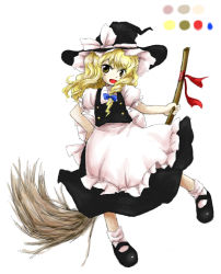 Rule 34 | &gt;:d, 1girl, :d, apron, blush, bobby socks, broom, broom ribbon, broom riding, dress, full body, hand on own hip, hat, huyusilver, kirisame marisa, mary janes, official style, open mouth, parody, pigeon-toed, shoes, smile, socks, solo, style parody, touhou, v-shaped eyebrows, vest, waist apron, wavy hair, witch hat, zun (style)