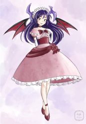 Rule 34 | 1girl, absurdres, bat wings, bow, demon girl, demon wings, dress, earrings, fantasy, flower, frills, gloves, hair ornament, highres, horns, jewelry, lipstick, long hair, makeup, necklace, original, painting (medium), pink dress, pointy ears, purple background, purple hair, red bow, remyfive, rose, short sleeves, sparkle, straight hair, traditional media, watercolor (medium), watermark, wings, yellow eyes