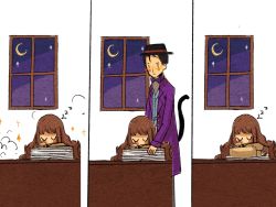 Rule 34 | 1boy, 1girl, black eyes, black hair, blush, bow, bowtie, brown hair, brown headwear, brown skirt, cat boy, cat tail, chinese commentary, closed eyes, commentary request, crossed arms, desk, fors wall, fyy2333, gehrman sparrow, glasses, grey pants, hat, highres, jacket, klein moretti, long hair, long sleeves, lord of the mysteries, night, night sky, pants, pink shawl, purple bow, purple bowtie, purple jacket, shawl, skirt, sky, sleeping, star (sky), sweatdrop, tail, transformation, window, zzz