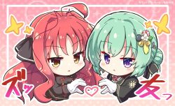 Rule 34 | 2girls, :&lt;, ahoge, black jacket, black ribbon, chibi, commentary request, company connection, crossover, double-parted bangs, dracu-riot!, eyelashes, gloves, green hair, hair between eyes, hair bun, hair intakes, hair ribbon, hakutocake, heads together, heart, heart hands, heart hands duo, highres, jacket, light blush, long hair, long sleeves, looking at viewer, multiple girls, open mouth, parted bangs, pink background, polka dot, polka dot background, purple eyes, red hair, ribbon, short hair, sidelocks, simple background, sound effects, sparkle, taguchi hiroko, takadate orie, tenshi souzou re-boot!, very long hair, voice actor connection, wavy hair, white gloves, wide sleeves, yarai miu, yellow eyes, yuzu-soft