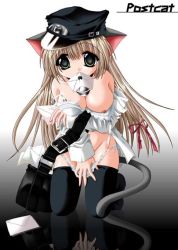 Rule 34 | animal ears, breasts, brown hair, cat ears, cat tail, green eyes, hair ribbon, kneeling, long hair, looking at viewer, mail, mouth hold, ribbon, tail
