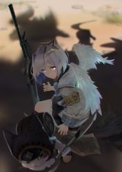 Rule 34 | 1girl, absurdres, amane kanata, angel, angel wings, armband, asymmetrical hair, black skirt, blue hair, blurry, broken ground, cat, character request, colored inner hair, depth of field, feathered wings, fighting stance, from side, glowing, glowing eyes, grey hair, halo, highres, holding, holding weapon, hololive, jhc kai, looking at viewer, miniskirt, monster hunter (series), multicolored hair, pink hair, pleated skirt, purple eyes, school uniform, shadow, short hair, single hair intake, skirt, star halo, streaked hair, virtual youtuber, weapon, white wings, wings