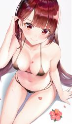 Rule 34 | 1girl, bad id, bad twitter id, bare arms, bare shoulders, bikini, black bikini, blush, breasts, cleavage, closed mouth, collarbone, flower, girls&#039; frontline, tucking hair, hand up, highres, large breasts, long hair, looking at viewer, navel, petals, pink flower, red eyes, red hair, shadow, sitting, smile, solo, stomach, swimsuit, very long hair, wa2000 (girls&#039; frontline), wet, white background, yuna (deadawon)