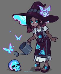 Rule 34 | 1girl, absurdres, artist name, black hair, blush, bug, bumblesteak, butterfly, canister, commentary, dark-skinned female, dark skin, english commentary, english text, flip-flops, full body, green eyes, grey background, hat, highres, insect, long hair, looking at viewer, multicolored hair, necromancer, nose, open mouth, original, sandals, skull, streaked hair, toes, witch, witch hat, wizard