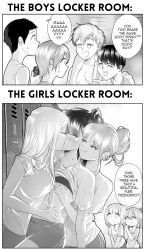 Rule 34 | 4boys, 5girls, :q, absurdres, grabbing another&#039;s breast, grabbing, grabbing from behind, greyscale, groping, grs-, half-closed eye, hand under clothes, highres, kiss, locker, locker room, looking to the side, meme, monochrome, multiple boys, multiple girls, original, sweat, teeth, tongue, tongue out, upper teeth only, yuri