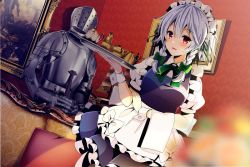 Rule 34 | 1girl, :d, apron, armor, blurry, blurry foreground, blush, bow, braid, couch, cowboy shot, cup, dutch angle, green bow, green neckwear, hair between eyes, hair bow, holding, holding tray, indoors, izayoi sakuya, looking at viewer, maid, maid headdress, medium hair, open mouth, painting (object), pillow, puffy short sleeves, puffy sleeves, red eyes, short sleeves, side braids, smile, solo, standing, teacup, teapot, touhou, towel, tray, twin braids, waist apron, white apron, white bow, wrist cuffs, yuuka nonoko