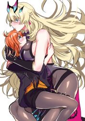 Rule 34 | 2girls, artist name, barghest (fate), barghest (second ascension) (fate), between breasts, black shorts, blonde hair, blue eyes, blush, breasts, dress, elbow gloves, fate/grand order, fate (series), fujimaru ritsuka (female), fujimaru ritsuka (female) (mage&#039;s association uniform), gloves, hand on another&#039;s head, head between breasts, heterochromia, hug, large breasts, long hair, multiple girls, official alternate costume, orange hair, pantyhose, sentaku nori, short hair, shorts, signature, simple background, thighs, twitter username, very long hair, white background, yellow eyes, yuri