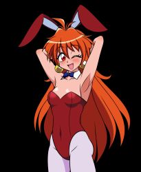 Rule 34 | 1girl, animal ears, arms behind head, blue bow, blue bowtie, bow, bowtie, breasts, cowboy shot, detached collar, hayakawakenn, highres, leotard, lina inverse, long hair, looking at viewer, one eye closed, orange hair, pantyhose, playboy bunny, rabbit ears, rabbit tail, red eyes, red leotard, simple background, slayers, small breasts, solo, tail, transparent background, white background, white pantyhose