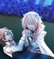 Rule 34 | 2boys, ahoge, astolfo (fate), black pants, blood, blood from mouth, blood on hands, blush, braid, brown hair, cape, cloak, closed eyes, crying, fang, fate/apocrypha, fate/grand order, fate (series), fokwolf, from side, gauntlets, hair ornament, hair ribbon, holding hands, injury, long braid, long hair, long sleeves, looking at another, male focus, multicolored hair, multiple boys, pants, pink hair, red eyes, ribbon, sad, shirt, short hair, sieg (fate), single braid, trap, two-tone hair, very long hair, waistcoat, white shirt