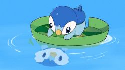 Rule 34 | afloat, blue eyes, commentary request, creature, creatures (company), day, game freak, gen 3 pokemon, gen 4 pokemon, lily pad, lotad, nintendo, no humans, official art, outdoors, piplup, pokemon, pokemon (creature), project pochama, reflection, ripples, water