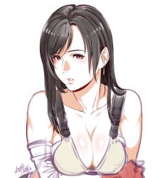 Rule 34 | 1girl, bare shoulders, black hair, blush, breasts, brown eyes, cleavage, collarbone, commentary request, earrings, elbow gloves, final fantasy, final fantasy vii, gloves, hair between eyes, highres, jewelry, large breasts, long hair, parted lips, square enix, suspenders, tank top, tifa lockhart, yosiura