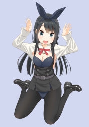 Rule 34 | 1girl, :d, animal ears, arm warmers, asashio (kancolle), black hair, black pantyhose, blue background, blue eyes, blue leotard, breasts, buttons, cleavage, detached collar, dress, fake animal ears, kantai collection, leotard, leotard under clothes, long hair, long sleeves, mary janes, md5 mismatch, neck ribbon, open mouth, pantyhose, pinafore dress, playboy bunny, pleated skirt, rabbit ears, rabbit tail, resolution mismatch, retsumaru, ribbon, school uniform, shirt, shoes, sitting, skirt, sleeveless, sleeveless dress, small breasts, smile, solo, source larger, strapless, strapless leotard, tail, wariza, white shirt, wrist cuffs