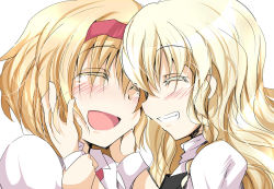 Rule 34 | 2girls, alice margatroid, blonde hair, blush, chata maru (irori sabou), closed eyes, crying, female focus, grin, hands on another&#039;s face, kirisame marisa, long hair, multiple girls, open mouth, short hair, simple background, smile, tears, touhou, white background, yuri