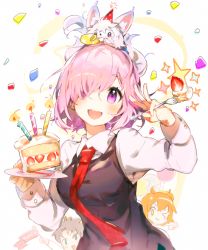 Rule 34 | 1girl, :d, animal, animal on head, blush, cake, fate/grand order, fate (series), food, fork, fou (fate), fruit, fujimaru ritsuka (female), fujimaru ritsuka (male), hair over one eye, holding, holding food, holding fork, holding fruit, long sleeves, mash kyrielight, namie-kun, necktie, on head, open mouth, pink hair, purple eyes, red necktie, shirt, short hair, smile, solo, upper body, white shirt
