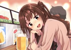 Rule 34 | 1boy, 1girl, absurdres, aged up, alcohol, arm support, bar (place), beer, beer mug, blouse, blush, brown eyes, brown hair, commentary request, cup, drunk, food, half updo, head tilt, highres, idolmaster, idolmaster cinderella girls, long hair, looking at viewer, mug, nose blush, one side up, open mouth, shimamura uzuki, shirt, smile, squeans, sushi, yusuka yuu
