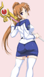 Rule 34 | 1girl, ass, blue skirt, breasts, brown hair, commentary request, from behind, highres, holding, holding staff, legs apart, long hair, long sleeves, looking at viewer, looking back, lyrical nanoha, mahou shoujo lyrical nanoha strikers, medium breasts, open mouth, pantylines, pencil skirt, pink background, purple eyes, raising heart, raising heart (accel mode), side ponytail, simple background, sketch, skirt, smile, solo, staff, standing, takamachi nanoha, thighhighs, uniform, wan&#039;yan aguda, white thighhighs