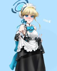 Rule 34 | 1girl, absurdres, bare shoulders, black gloves, blonde hair, blue archive, blue background, blue eyes, blue hair, blush, breasts, bucho sama, character name, double w, earpiece, elbow gloves, frills, gloves, halo, hat, highres, looking at viewer, maid, maid headdress, mob cap, multicolored hair, neck ribbon, ribbon, simple background, solo, streaked hair, toki (blue archive), two-tone hair, variant set, w