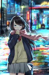 Rule 34 | 1girl, after rain, arm behind back, arm up, black hair, blazer, blue eyes, blurry, blurry background, blush, bow, bowtie, brown cardigan, cardigan, chain, city lights, commentary, cowboy shot, enpera, grey skirt, grin, highres, holding, holding clothes, holding scarf, jacket, long hair, looking at viewer, night, original, pink scarf, pleated skirt, puddle, reflection, reflective water, scarf, school uniform, shirt, skirt, sleeves past wrists, smile, solo, soragane (banisinngurei), standing, striped bow, striped bowtie, striped clothes, striped neckwear, swept bangs, very long hair, white shirt, wind, wind lift
