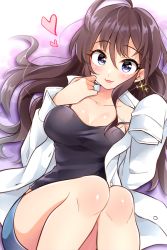 Rule 34 | 10s, 1girl, :3, ahoge, black shirt, blue eyes, blush, breasts, brown hair, cleavage, coat, collarbone, commentary request, earrings, eyelashes, hand on own cheek, hand on own face, heart, ichinose shiki, idolmaster, idolmaster cinderella girls, jewelry, knees up, large breasts, legs, long hair, looking at viewer, lying, on back, open clothes, open coat, parted lips, shirt, shorts, smile, solo, sparkle, strap slip, thighs, trente, wavy hair, white coat