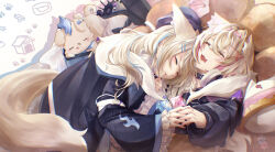 Rule 34 | 2girls, absurdres, animal ear fluff, animal ears, bandaid, bandaid hair ornament, belt collar, black collar, black jacket, blonde hair, blue hair, closed eyes, collar, cropped jacket, cropped shirt, dog ears, dog girl, dog tail, drooling, fang, fur-trimmed jacket, fur trim, fuwawa abyssgard, fuwawa abyssgard (1st costume), hair ornament, hairpin, headphones, headphones around neck, highres, hitsuki (grace89121522), hololive, hololive english, interlocked fingers, jacket, long hair, medium hair, mococo abyssgard, mococo abyssgard (1st costume), mouth drool, multicolored hair, multiple girls, open mouth, pink hair, ruffian (fuwamoco), shirt, siblings, sisters, sleeping, sleeping on person, streaked hair, tail, twins, virtual youtuber, white shirt, x hair ornament