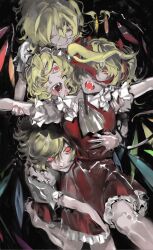 Rule 34 | 4girls, arm between legs, ascot, blonde hair, clone, crystal, crystal wings, curly hair, expressionless, fangs, flandre scarlet, four of a kind (touhou), frilled hat, frilled skirt, frills, grabbing another&#039;s arm, hair between eyes, hat, hat ribbon, head tilt, highres, hug, hug from behind, light smile, looking at viewer, mob cap, multicolored wings, multiple girls, multiple persona, one side up, open mouth, puffy short sleeves, puffy sleeves, red eyes, red ribbon, red shirt, red skirt, red vest, ribbon, shirt, short hair, short sleeves, side ponytail, skirt, skirt set, swept bangs, touhou, ue toono (atano), vampire, vest, wings, yellow ascot