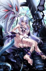 Rule 34 | 1girl, absurdres, ahoge, ass, bare shoulders, barefoot, blush, breasts, casul, choker, claws, corruption, dragon girl, dragon tail, melusine (fate), melusine (final ascension) (fate), fake horns, fate/grand order, fate (series), fingernails, hair between eyes, hair ornament, highres, horns, legs, long fingernails, long hair, looking at viewer, lying, on side, purple eyes, slime (substance), solo, tail, thigh strap, thighhighs, white hair, wings